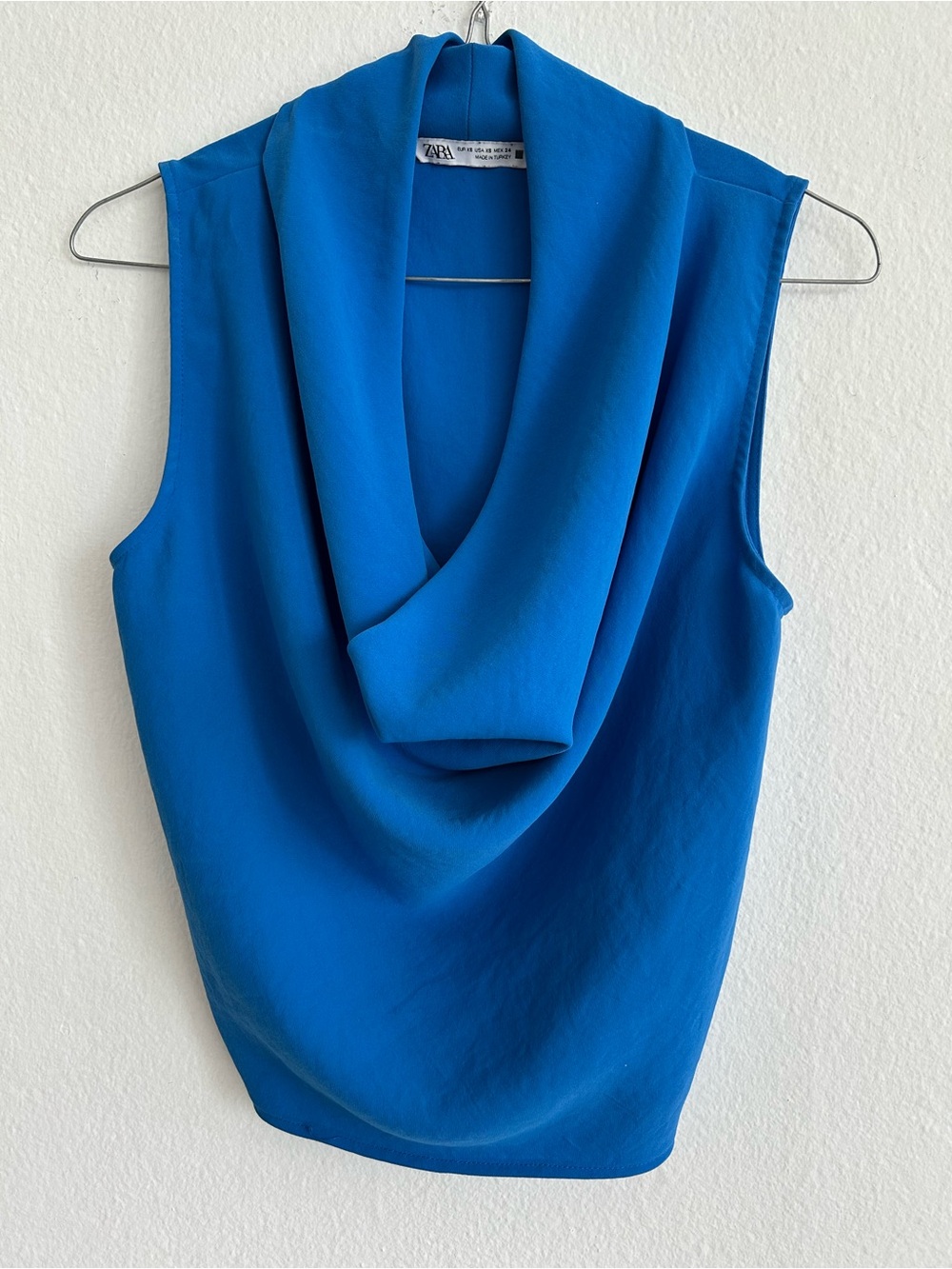 Zara Vibrant Royal Blue Draped Cowl Neck Sleeveless Top